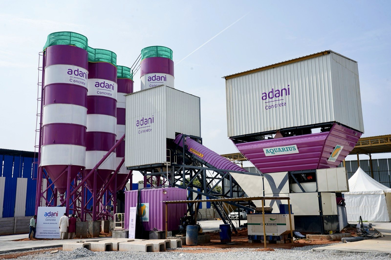 Wide view of the 75 m³/hr RMC batching plant at Bagalur, Bengaluru, set up and run by GDN Infra